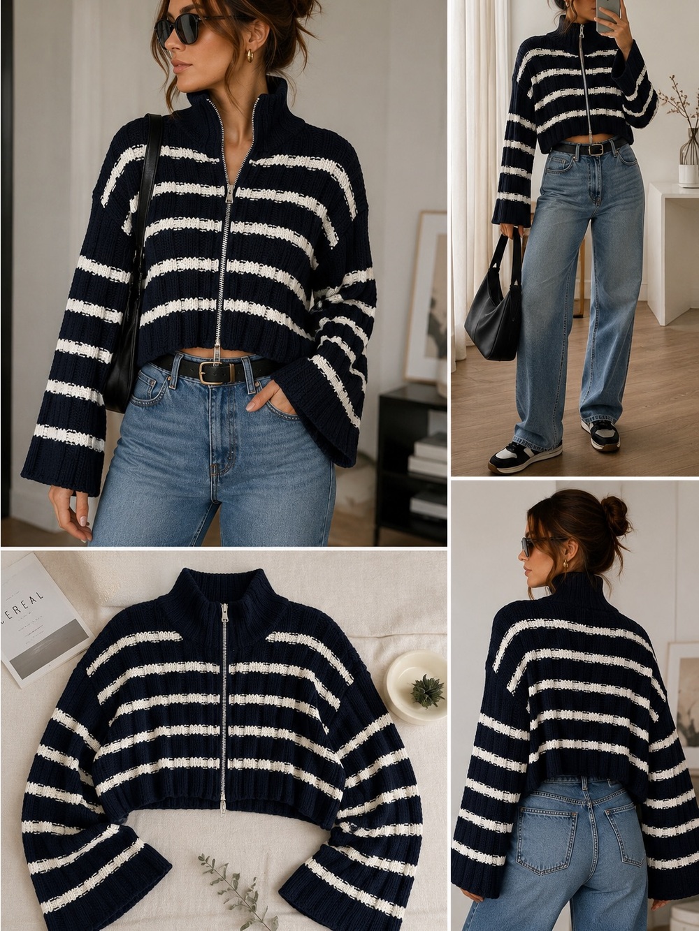 ZARA Women’s M Navy Blue Striped Knit Jacket Full Zip Cropped Mock Neck trendy